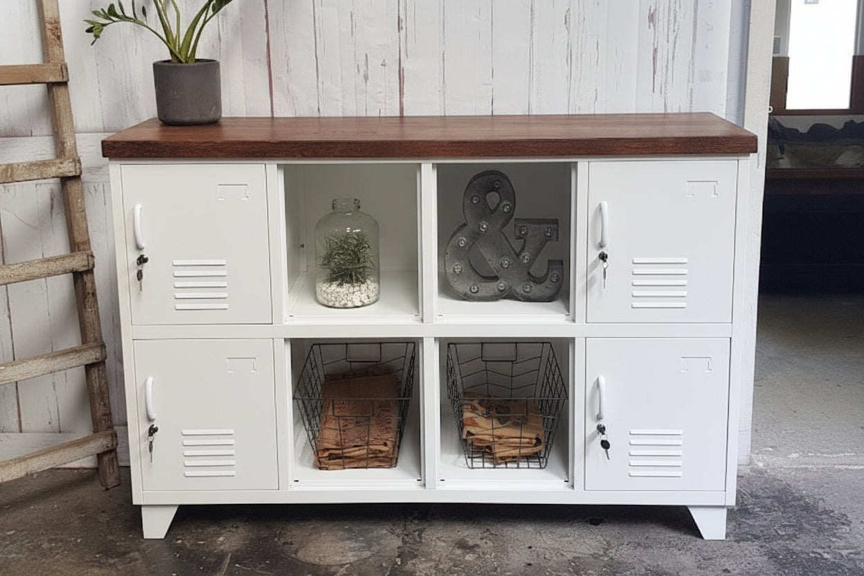 White locker-style cabinet with wooden top against a white wall.