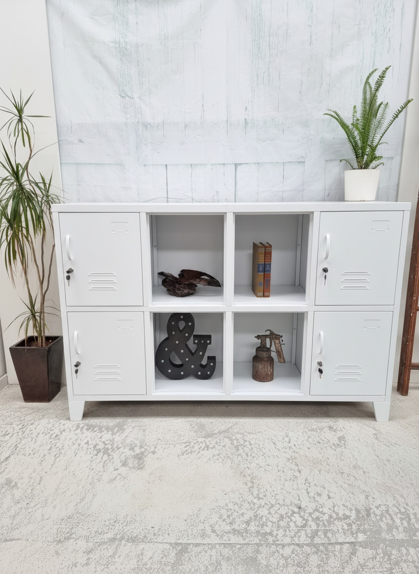 White metal industrial bookcase with open middle display storage cabinet 