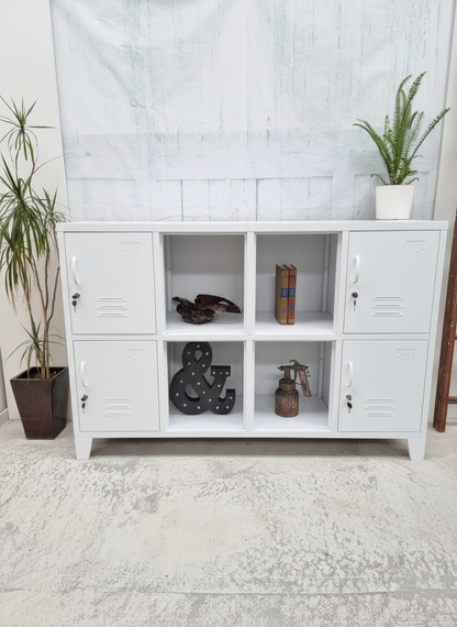 White metal industrial bookcase with open middle display storage cabinet 