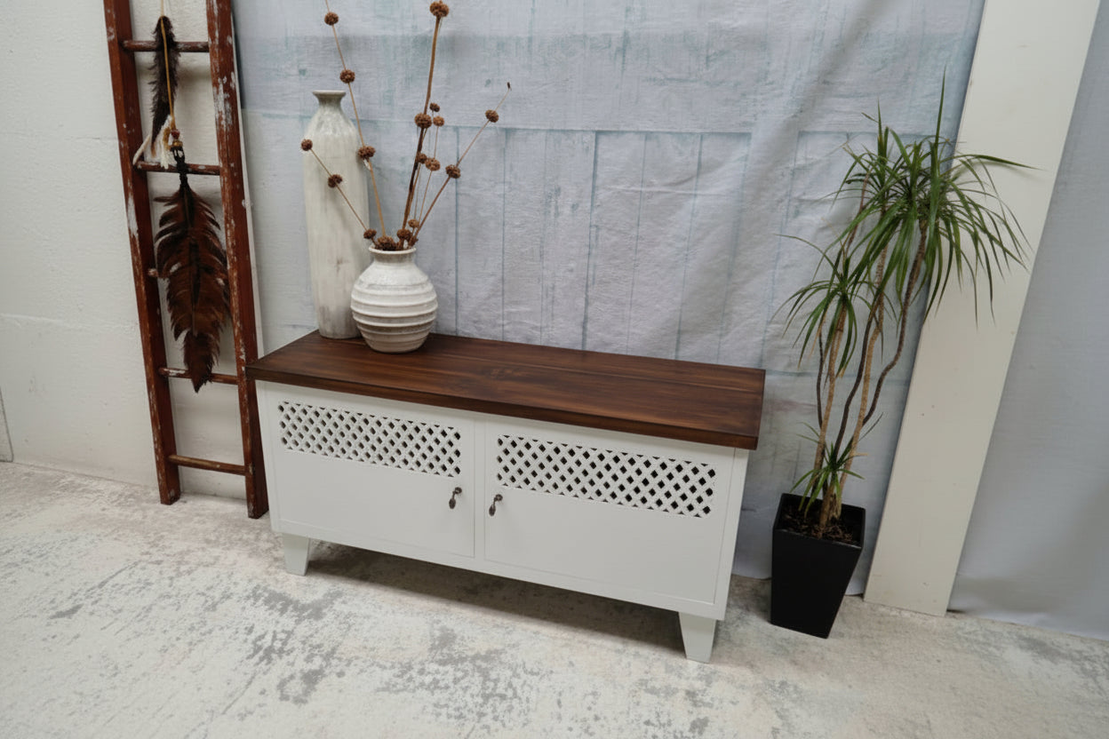 White metal industrial cabinet with dark stained Rimu 