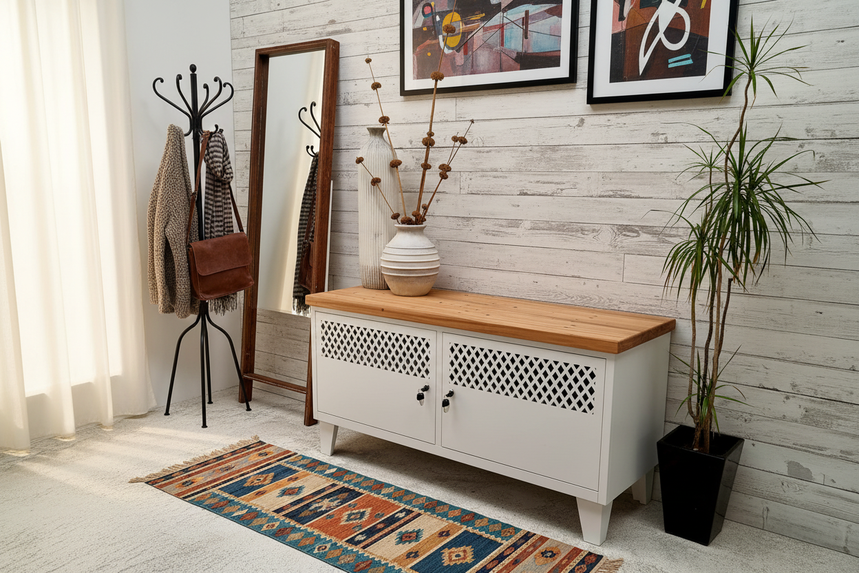 White metal industrial cabinet with Rimu  top in an entranceway for shoe  and bag storage