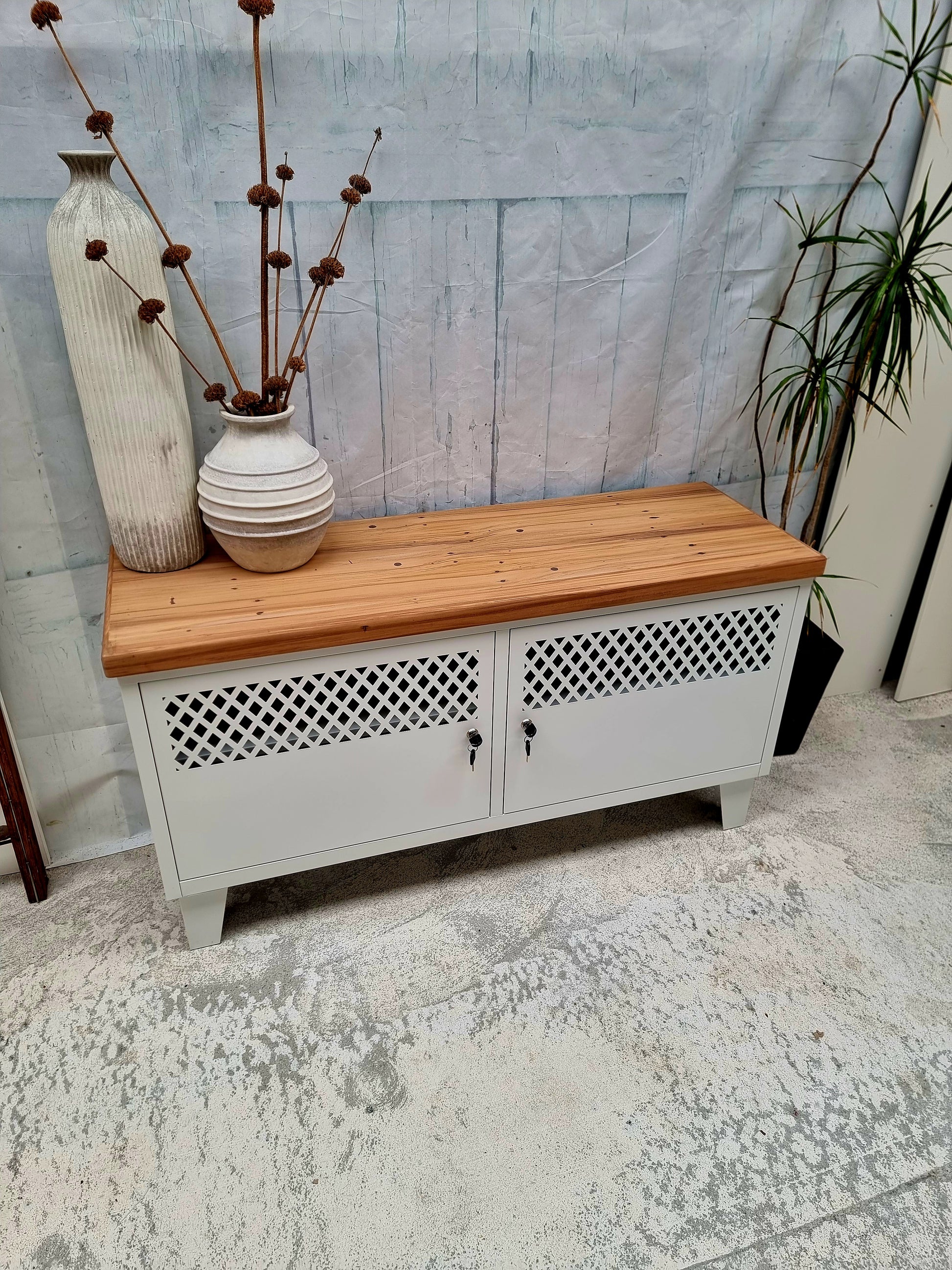 White metal industrial cabinet with Rimu top