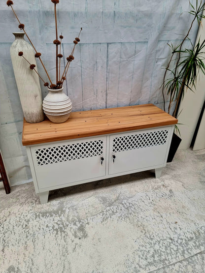 White metal industrial cabinet with Rimu top