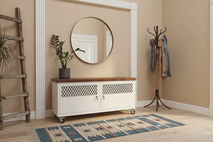 White metal industrial cabinet with dark stained Rimu on caster wheels in entranceway for shoe storage