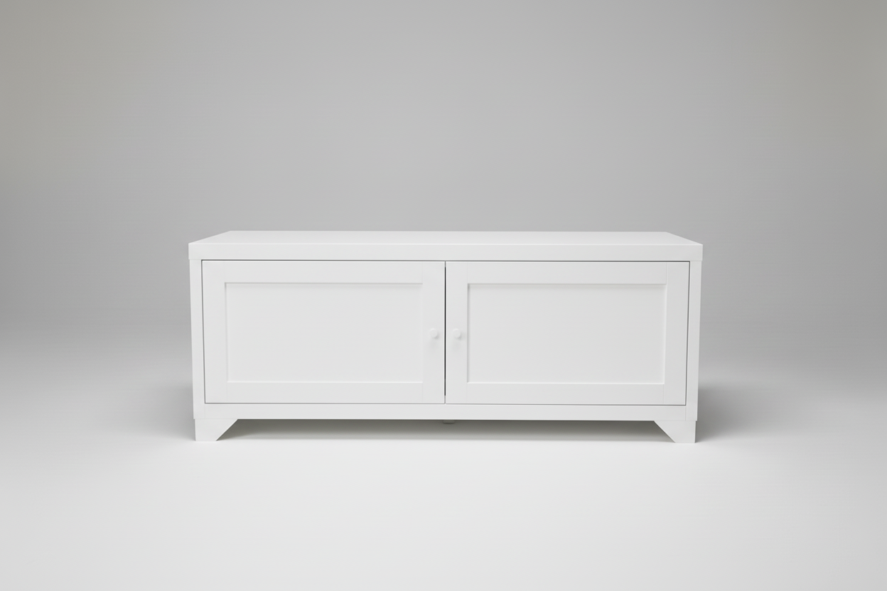 White metal industrial coffee table cabinet on a light gray background 