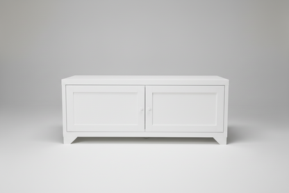 White metal industrial coffee table cabinet on a light gray background 