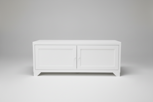White metal industrial coffee table cabinet on a light gray background 