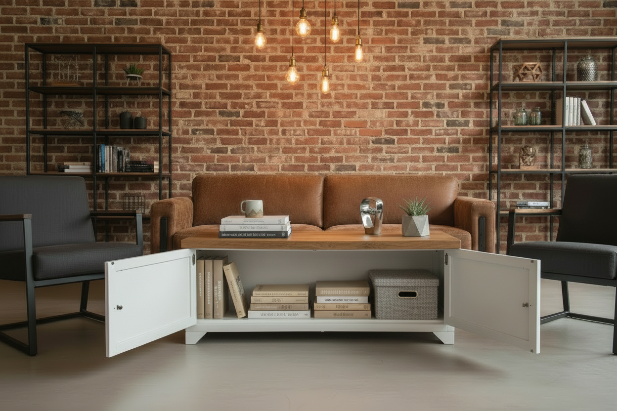 White metal industrial coffee table with Oak top storage