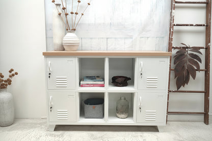 White metal industrial locker-style cabinet with Oak top, open middle
