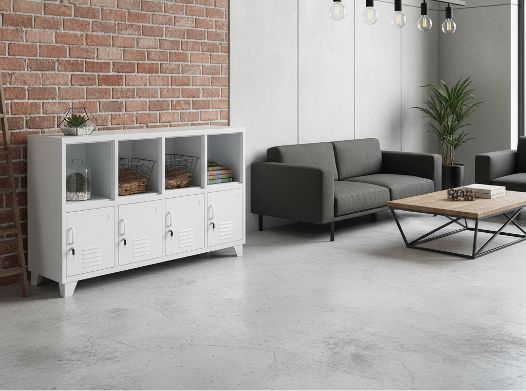 White metal industrial storage cabinet with shelves and doors