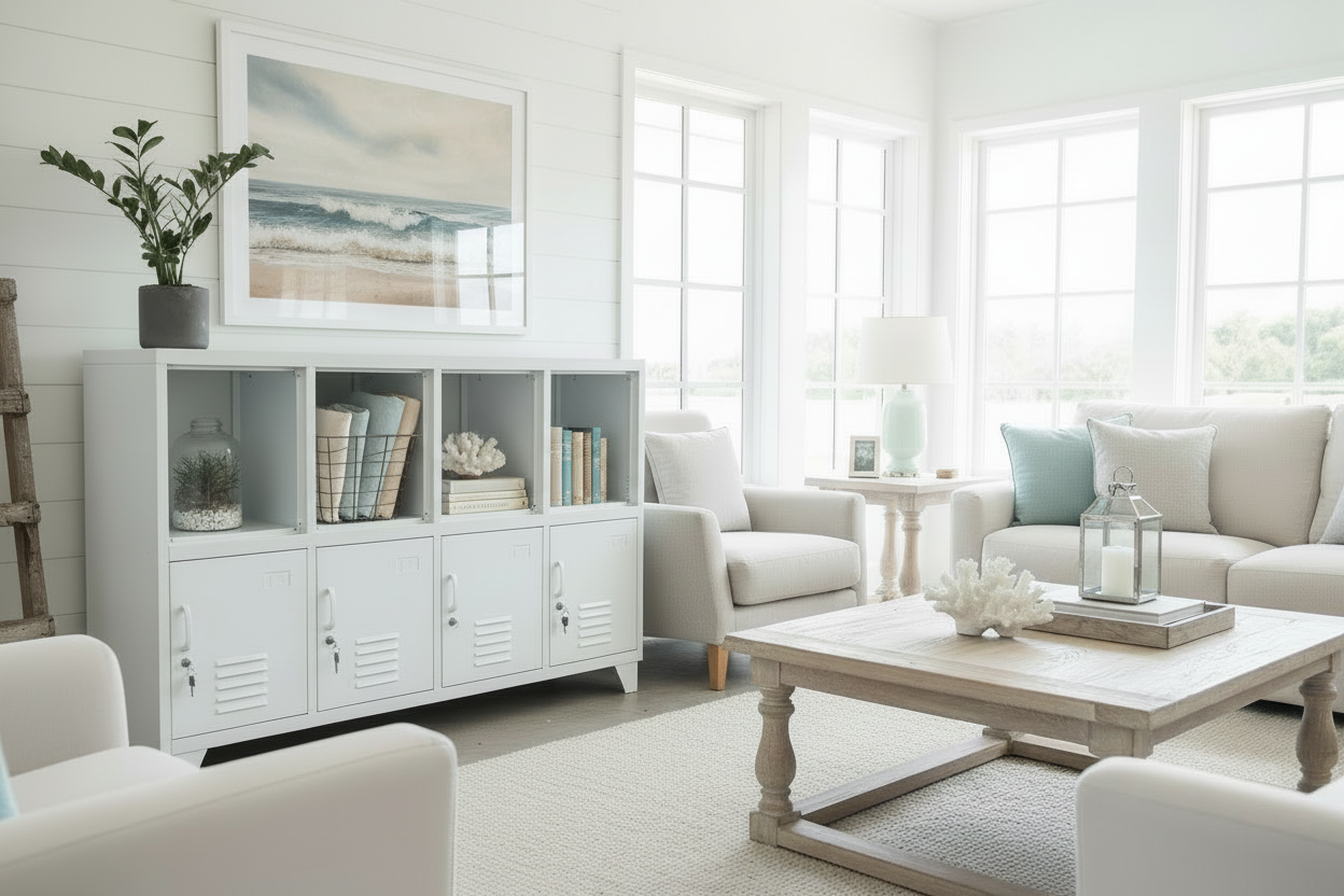 White metal locker-style cabinet with open shelves against a white wooden paneled wall.