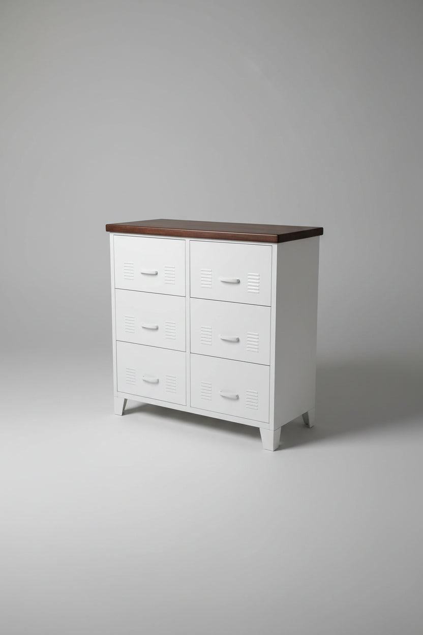 White metal locker-style drawer cabinet with Dark Rimu top.