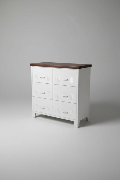 White metal locker-style drawer cabinet with Dark Rimu top.
