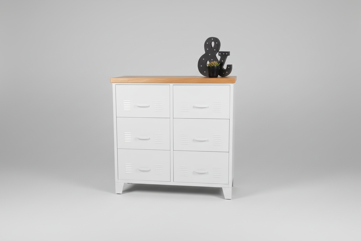 White metal locker-style drawer cabinet with Rimu top