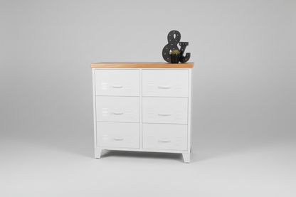 White metal locker-style drawer cabinet with Rimu top