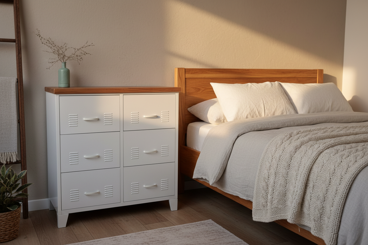 White metal locker-style drawers cabinet with Rimu top in a room with wooden accents 