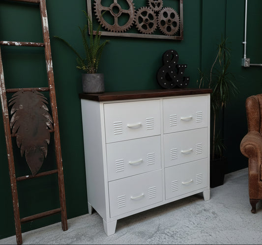 White metal locker-style drawers cabinet with dark rimu top 