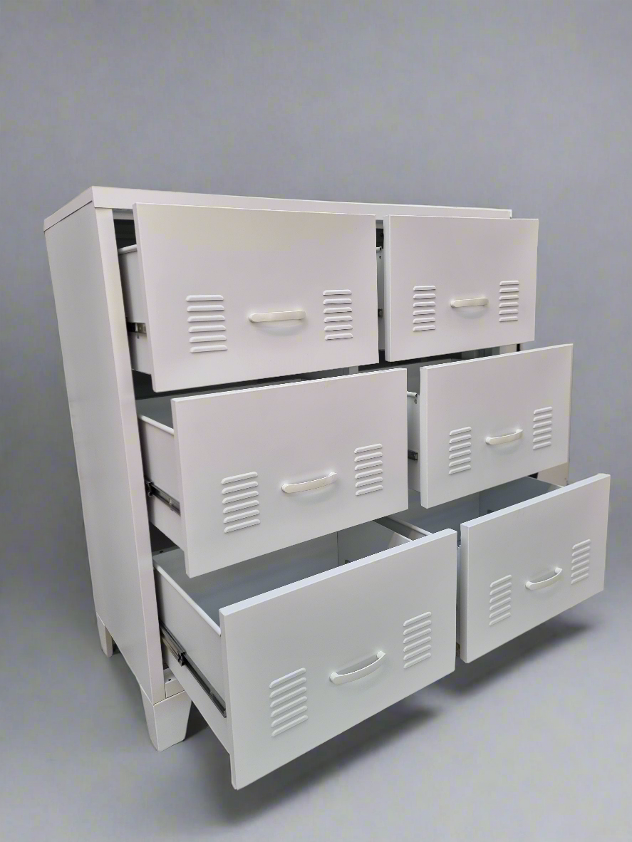 White metal locker-style dresser with multiple drawers on a gray background