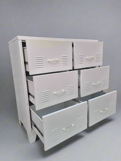 White metal locker-style dresser with multiple drawers on a gray background