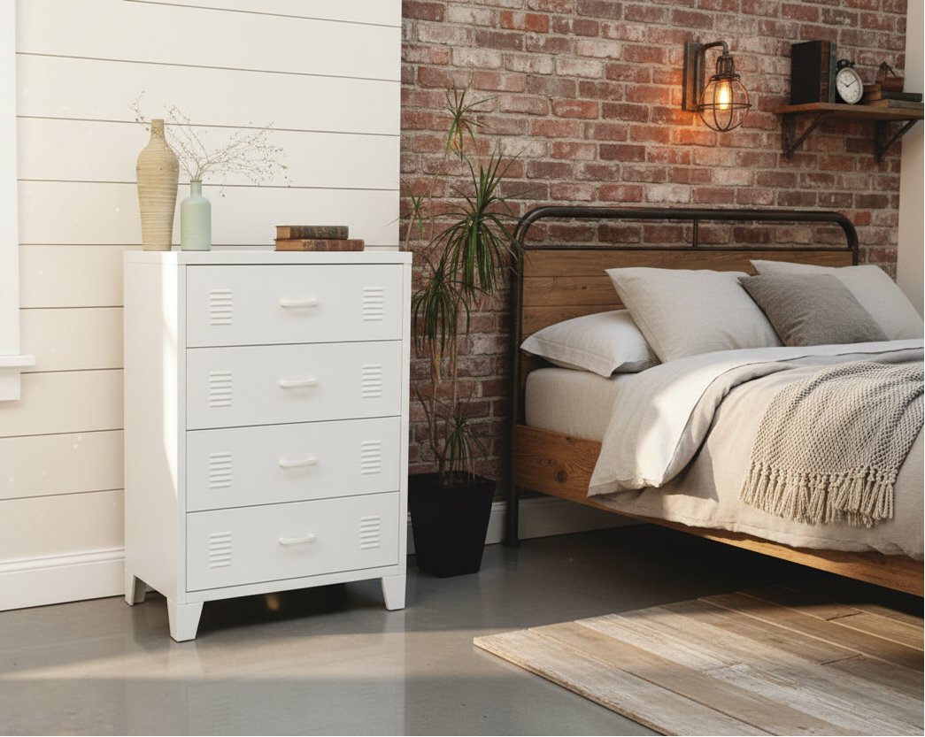 White metal locker-style tallboy drawers with decorative vases and plants in a room setting.