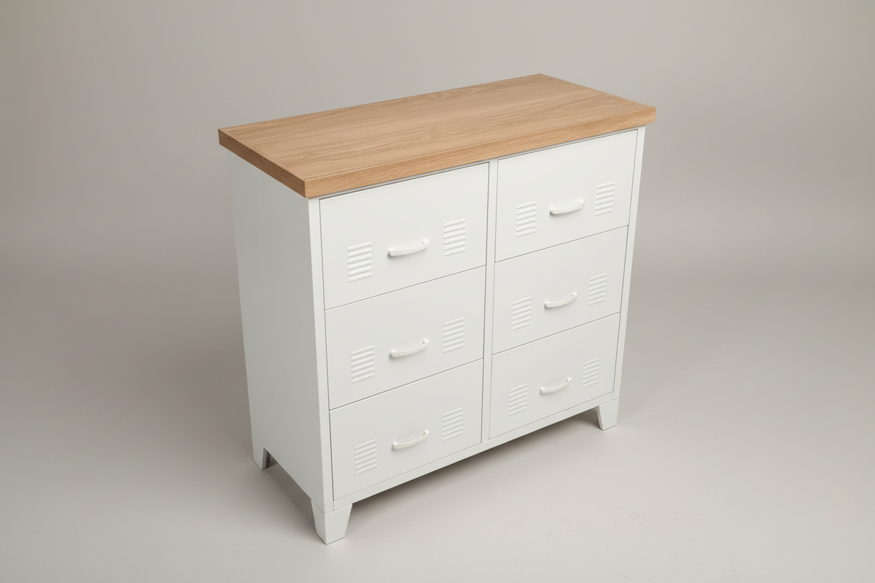 White metal locker-style tallboy with Oak wooden top against a light gray wall.