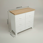 White metal locker-style tallboy with Oak wooden top with measurements against a light gray wall.