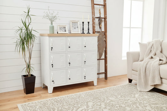 White metal locker 9 door cabinet in a light bright loungeroom