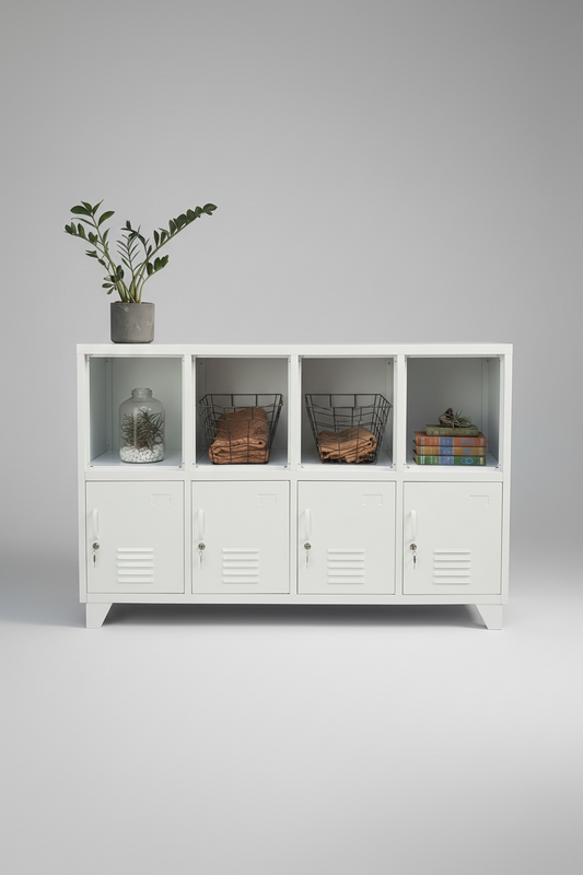 White metal locker-style cabinet with open shelves 