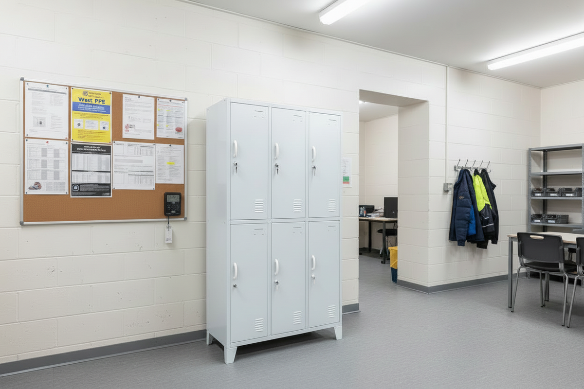 White metal locker with six doors in a work room as staff lockers