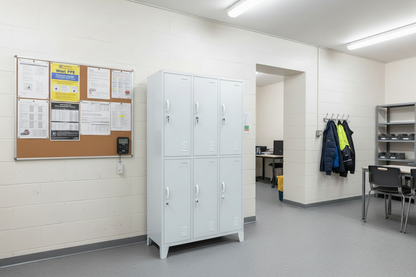 White metal locker with six doors in a work room as staff lockers