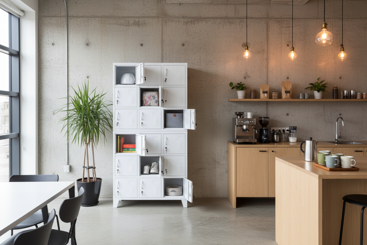 White metal lockers with 18 doors in a staff room