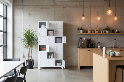 White metal lockers with 18 doors in a staff room