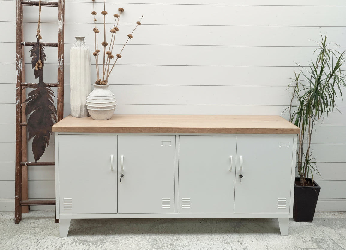 White metal office credenza sideboard cabinet with oak top