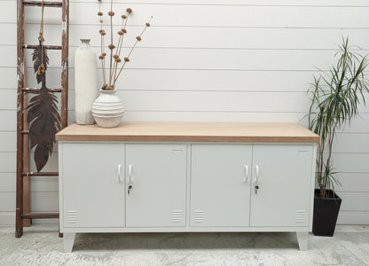 White metal office credenza sideboard cabinet with oak top