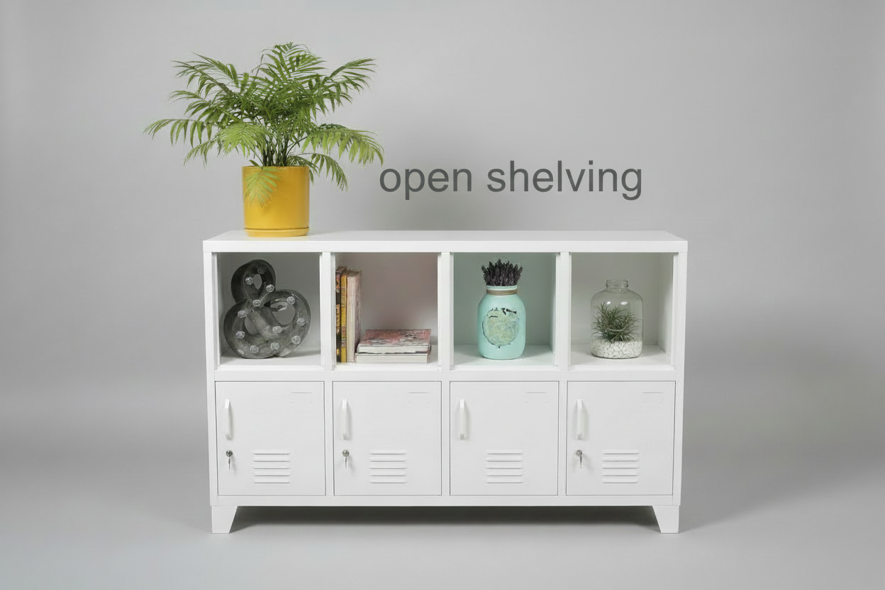 White metal open shelving unit . Industrial bookshelves, lockable storage