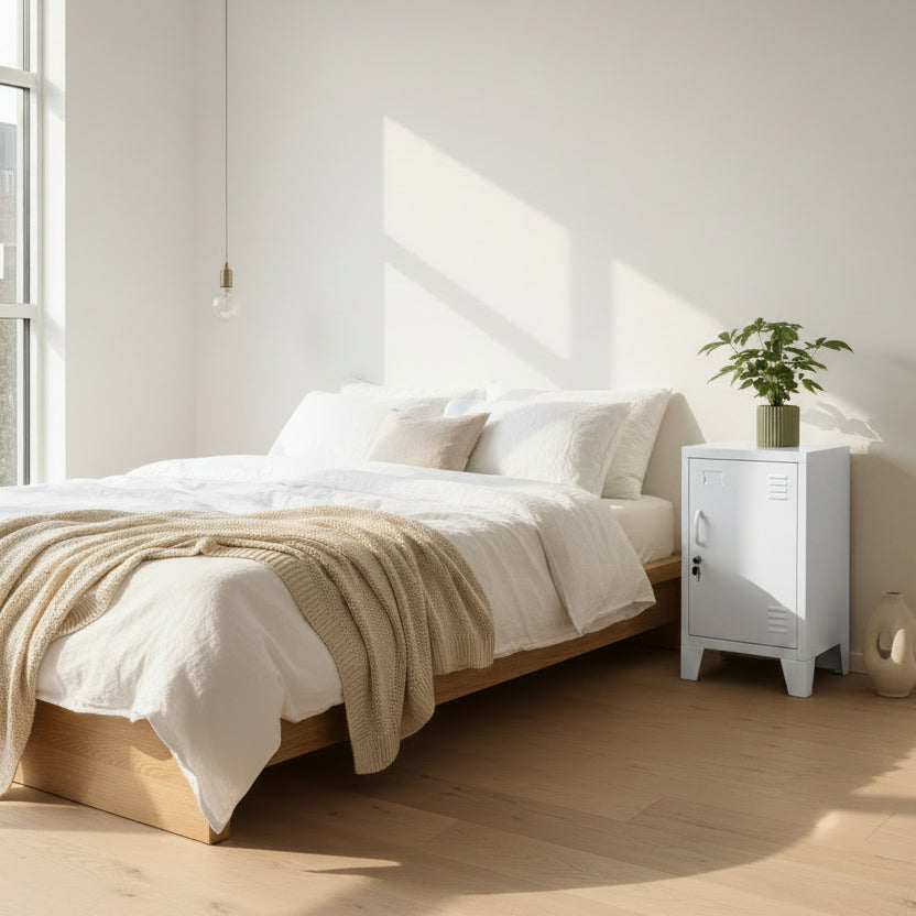 White metal right opening mini locker cabinet in scandy bedroom as the bedside cabinet