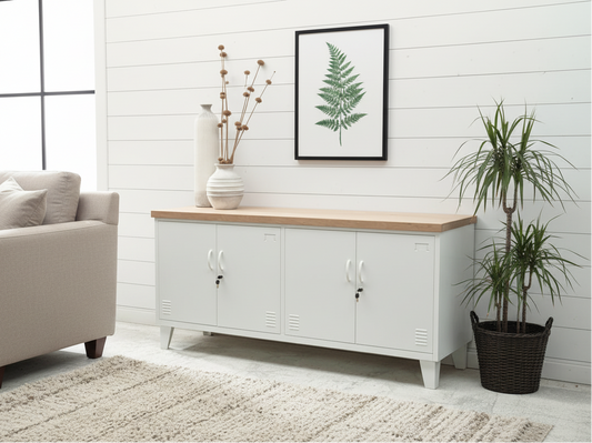 White metal sideboard storage cabinet with oak top