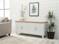 White metal sideboard storage cabinet with oak top