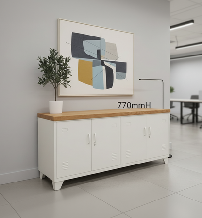 White metal storage cabinet / Office credenza with Oak wooden top in a room with abstract art and plant