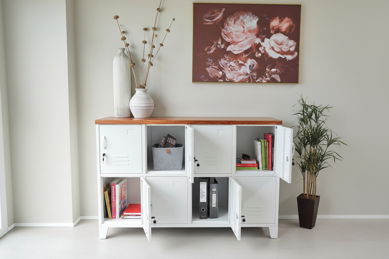 White metal storage cabinet locker with Rimu top, open doors displaying books and a bottle, with a floral painting on the wall.