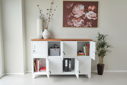 White metal storage cabinet locker with Rimu top, open doors displaying books and a bottle, with a floral painting on the wall.