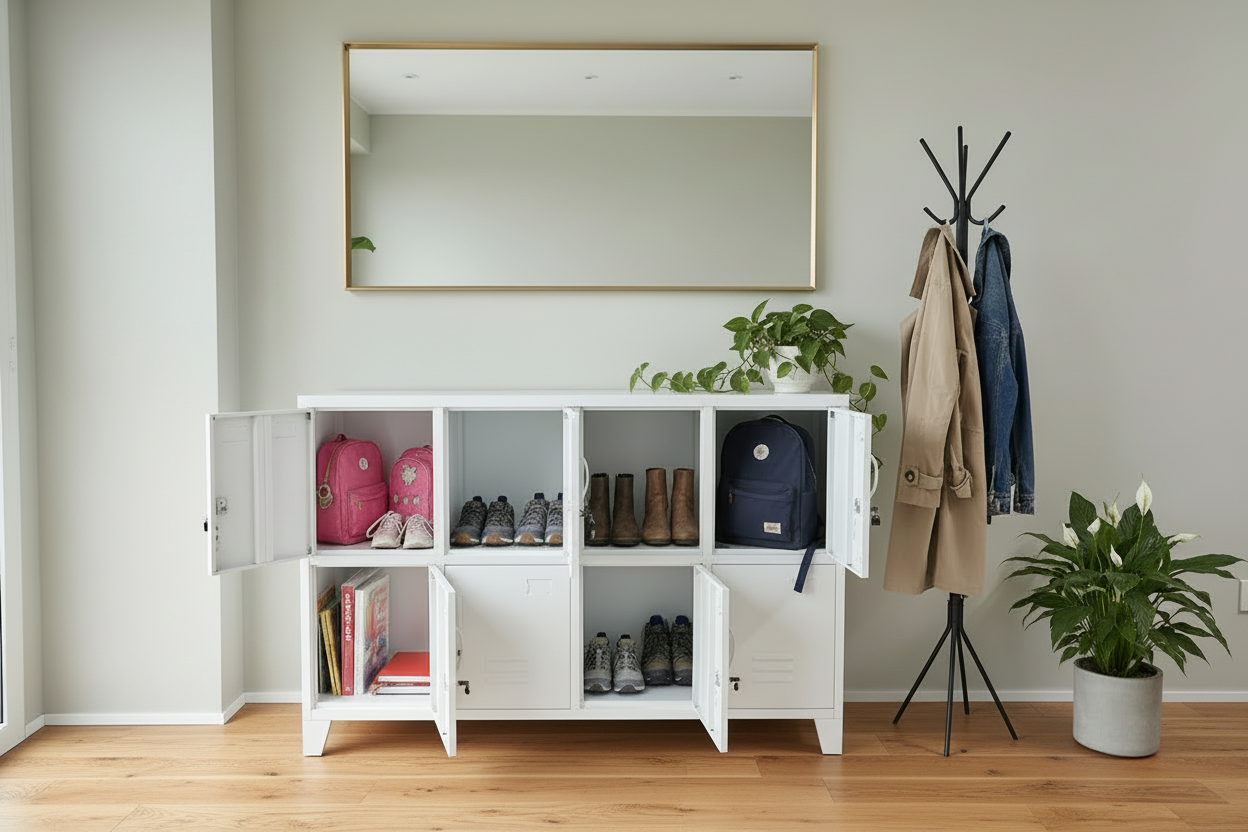 White metal storage cabinet locker with open doors in an entranceway for bags and shoes