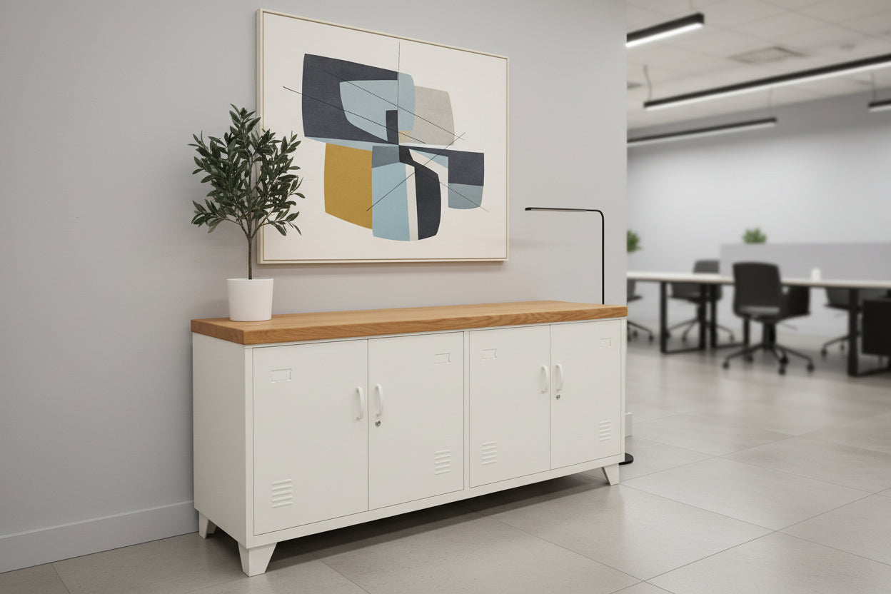 White metal storage cabinet with Oak wooden top in a modern office setting as the office credenza