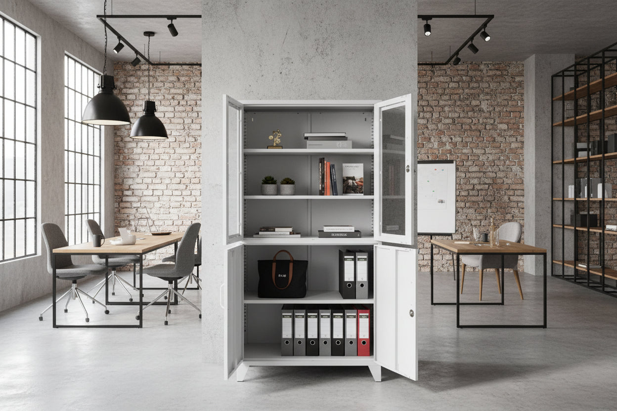 White metal storage cabinet with glass doors open, showing shelves with books and decorative items.