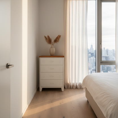 White metal tallboy cabinet with 4 drawers and a Recycled RImu top in a bedroom