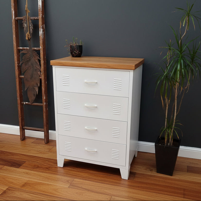 White metal tallboy cabinet with Recycled RImu top and four drawers 