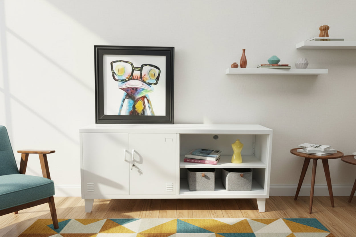 White metal versatile bookshelf with storage with a colorful framed picture on a white wall.