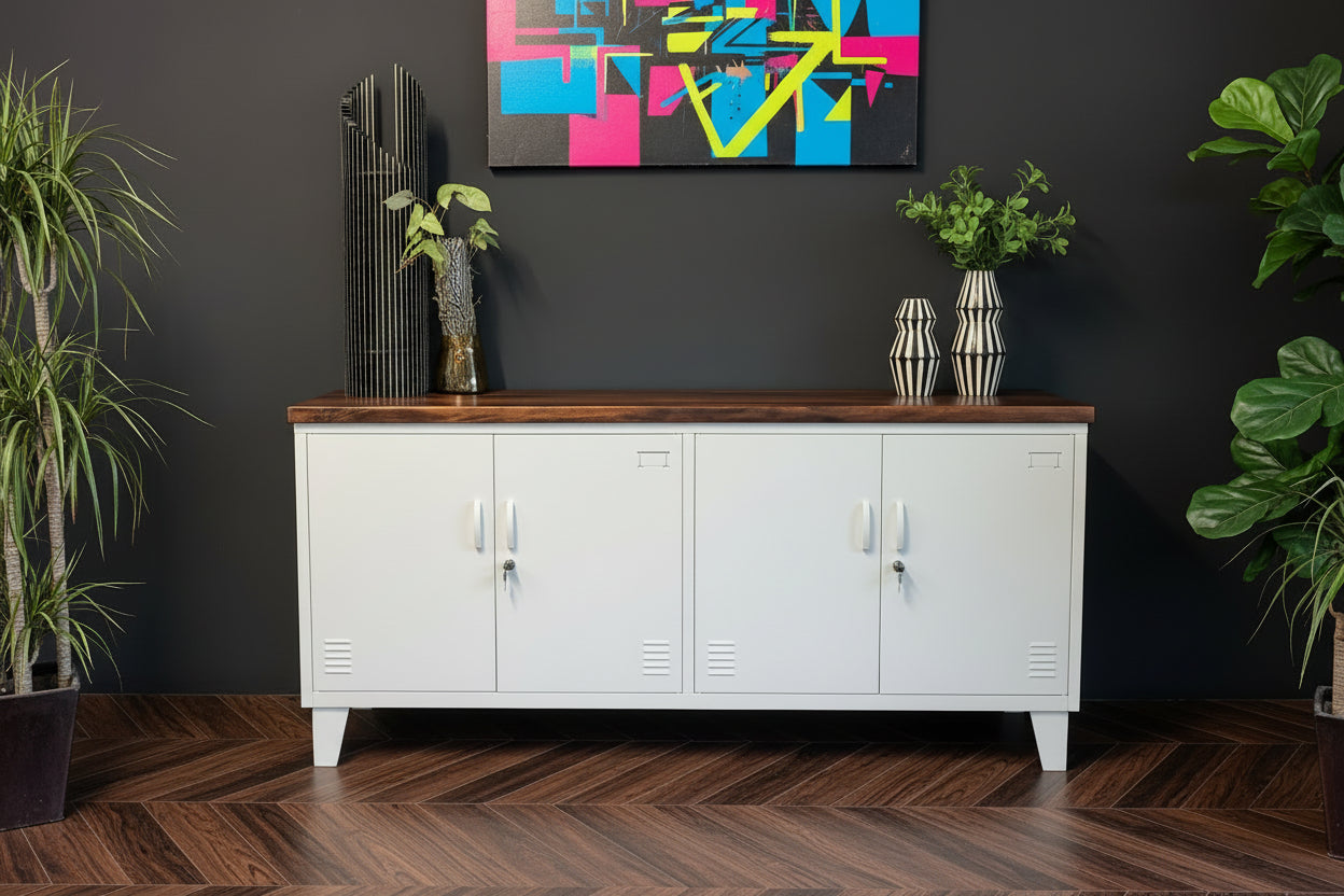 White metal versatile credenza with dark Rimu top