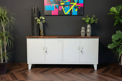 White metal versatile credenza with dark Rimu top