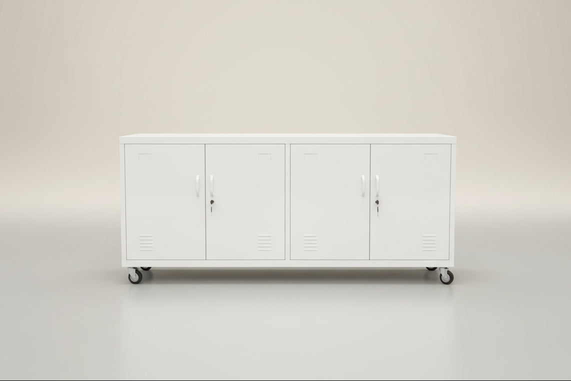 White metal versatile display cabinet with storage on caster wheels
